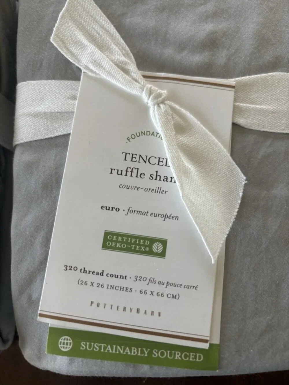 PAIR pottery barn tencel ruffle standard Pillow shams Soft grey‎ EURO New